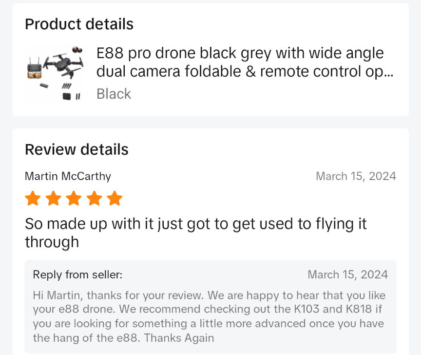 A screenshot of a review for the e88 drone