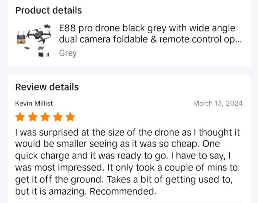 A screenshot of a review for the grey e88 drone